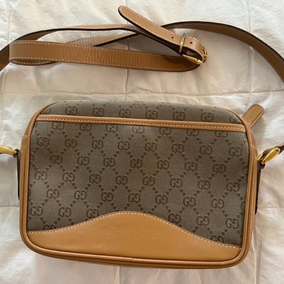 Vintage GUCCI GG Canvas Tan Leather Crossbody - Picture 1 of 7